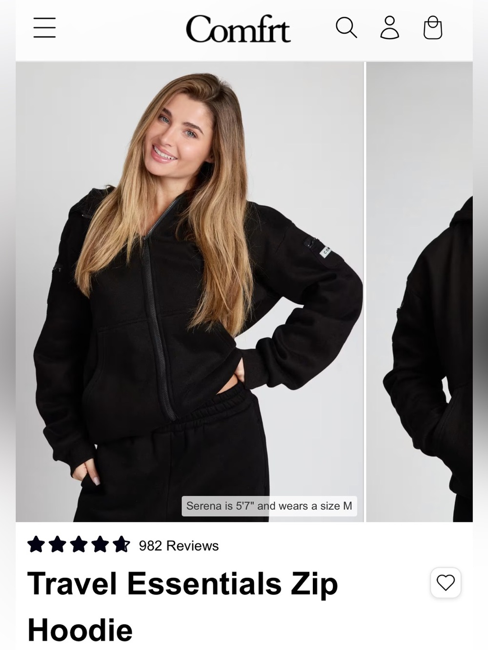 Comfrt Travel Essentials Zip Hoodie - Black Size Small